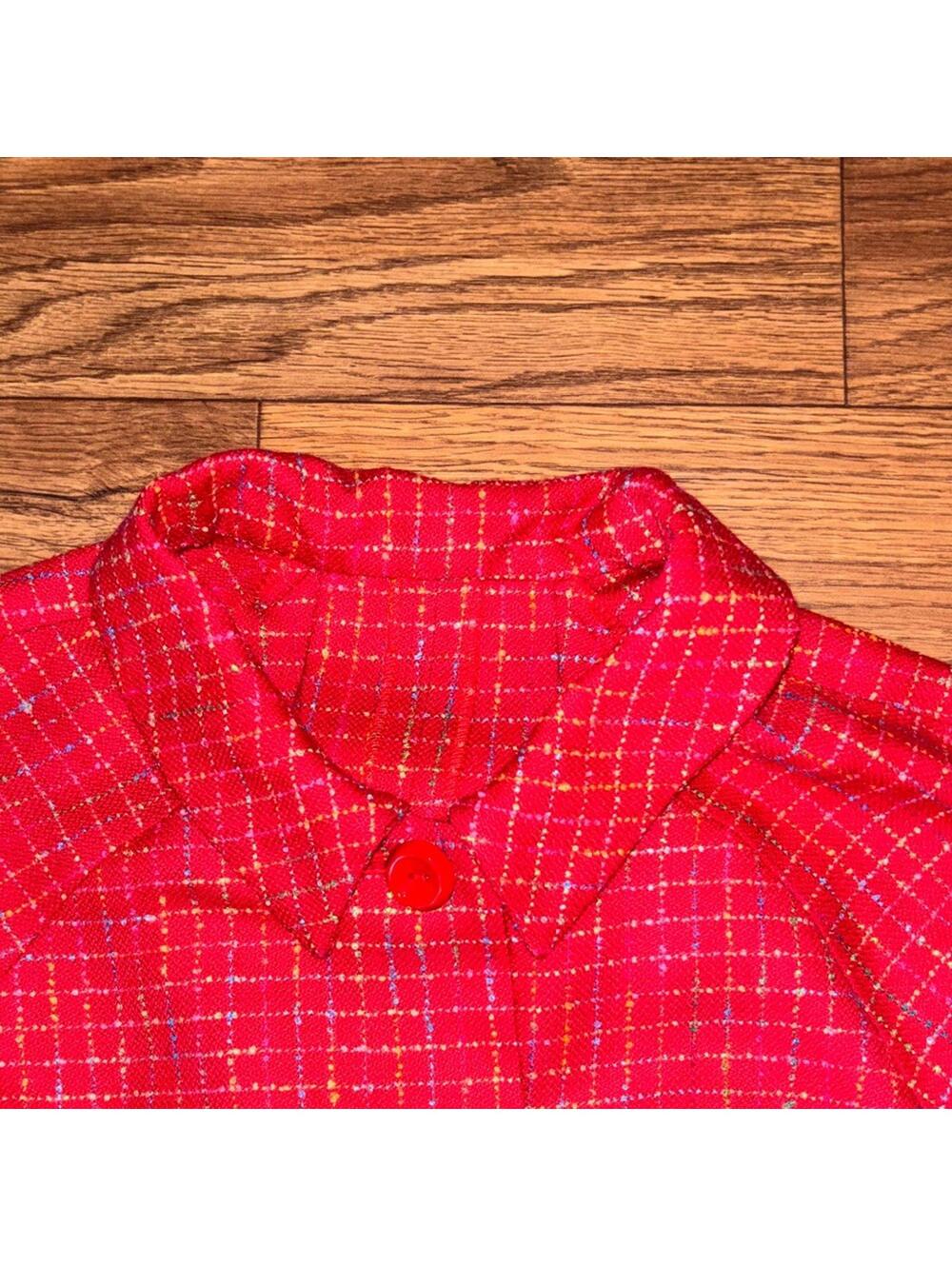 Red Colorful Tweed Plaid Sleeveless Dress Jacket Set Teacher Preppy - Picture 10 of 13